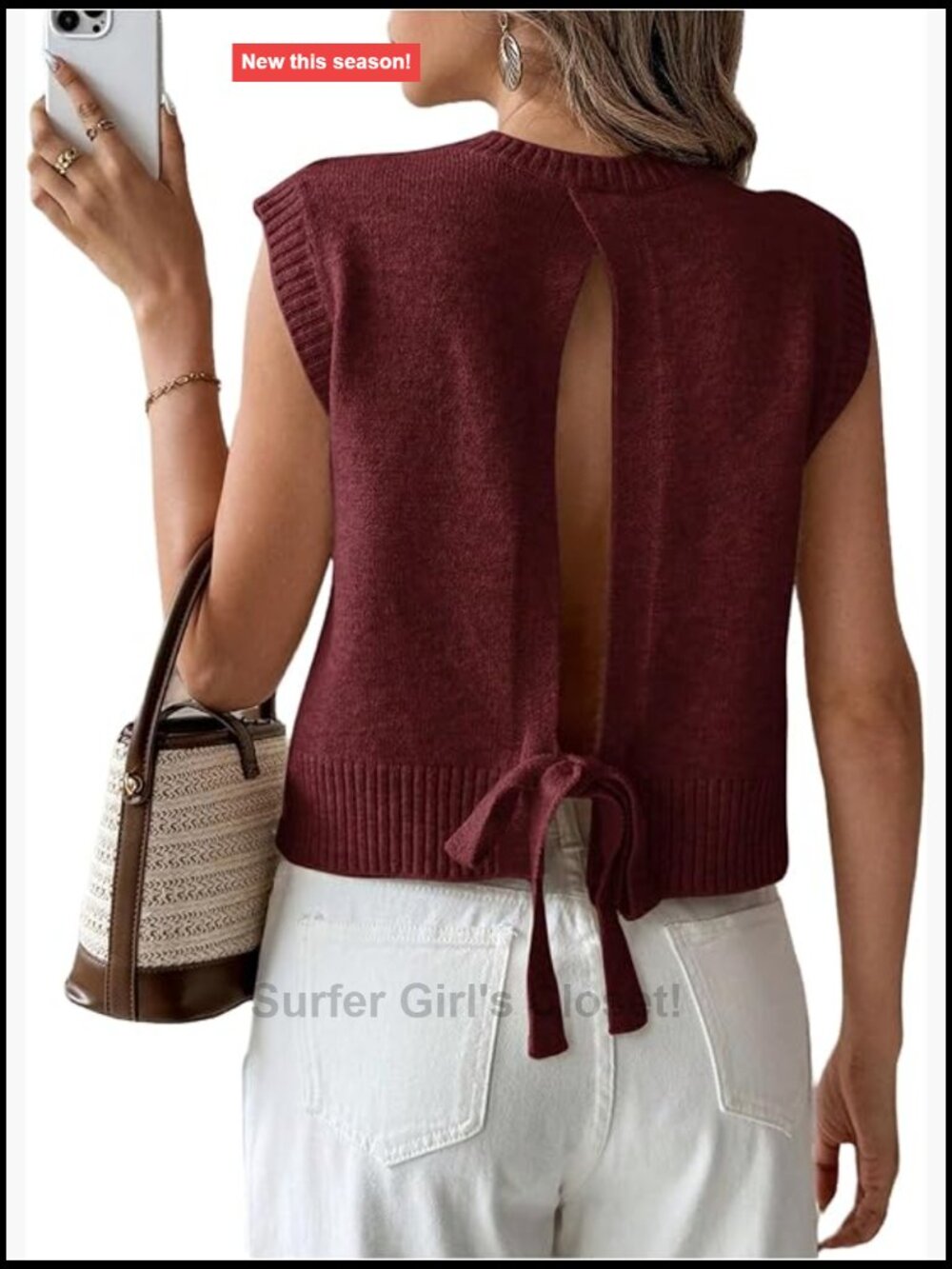 Sleeveless Knit Tank Top Open Back Tie Sweater Vest